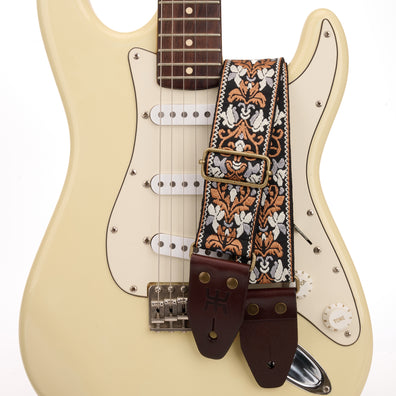 AMUMU SPH-GSB-TGBN 2" Black Brown Spades Heart Guitar Strap – Retro Embroidery, Soft Cotton Comfort, Durable Leather Ends, Antique Bronze Buckles, and Pick Pocket